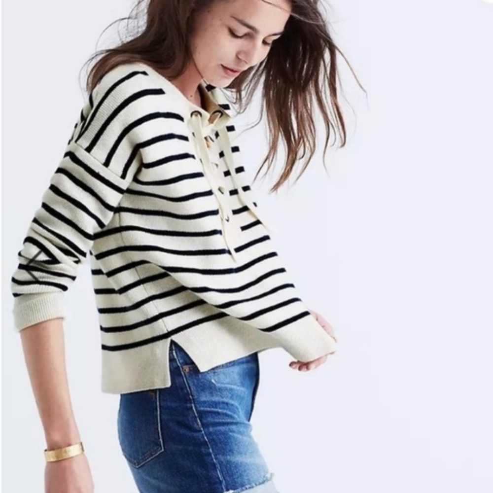 Madewell Merino Wool Lace-Up Striped Cropped Sweater - Picture 3 of 7